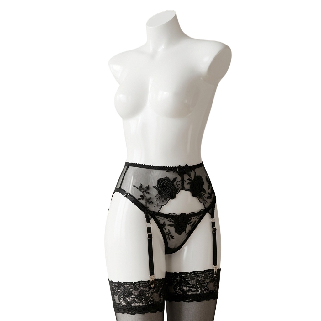 Garter Belt Set - Damski zestaw: haftowany pas do pończoch