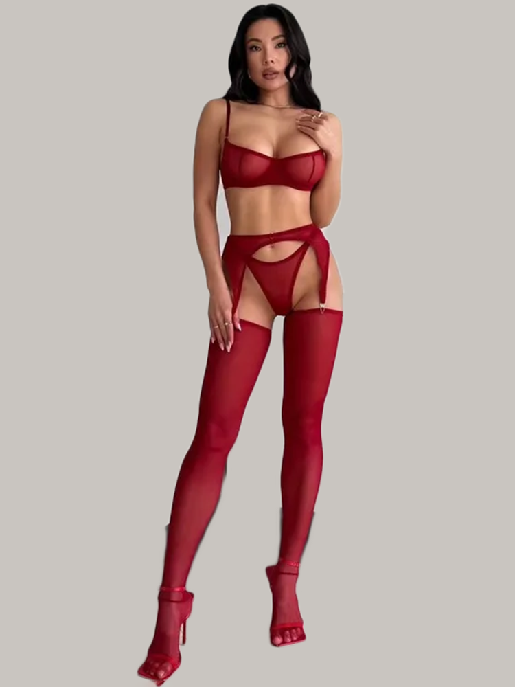 Garter Belt Set - Damski, bordowy, prześwitujący zestaw bielizny: biustonosz